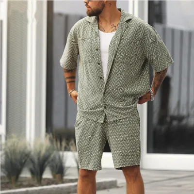 Men Fashion Casual Stripe Short Sleeve Lapel Shirt and Shorts Sets
