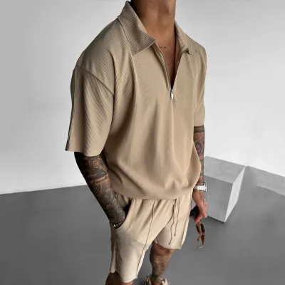 Men Fashion Casual Basic Solid Color Short Sleeve Lapel POLO Shirt Shorts Sets