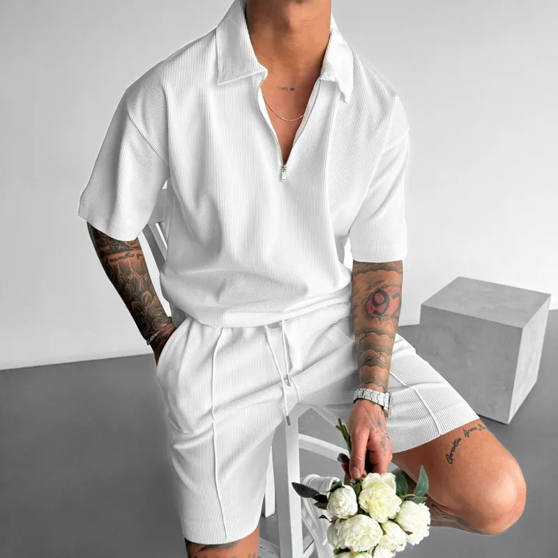 Men Fashion Casual Basic Solid Color Short Sleeve Lapel POLO Shirt Shorts Sets