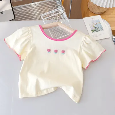 Kids Toddler Girls Bow Short Sleeve Round Neck Cotton T-Shirt