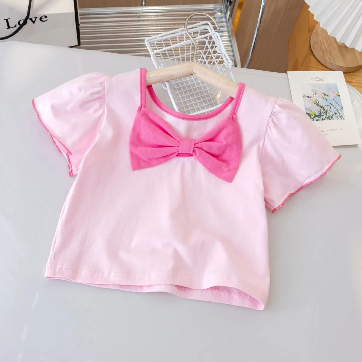 Kids Toddler Girls Bow Short Sleeve Round Neck Cotton T-Shirt