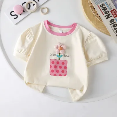 Kids Toddler Girls Casual Sweet Floral Puff Sleeve Crewneck T-Shirt