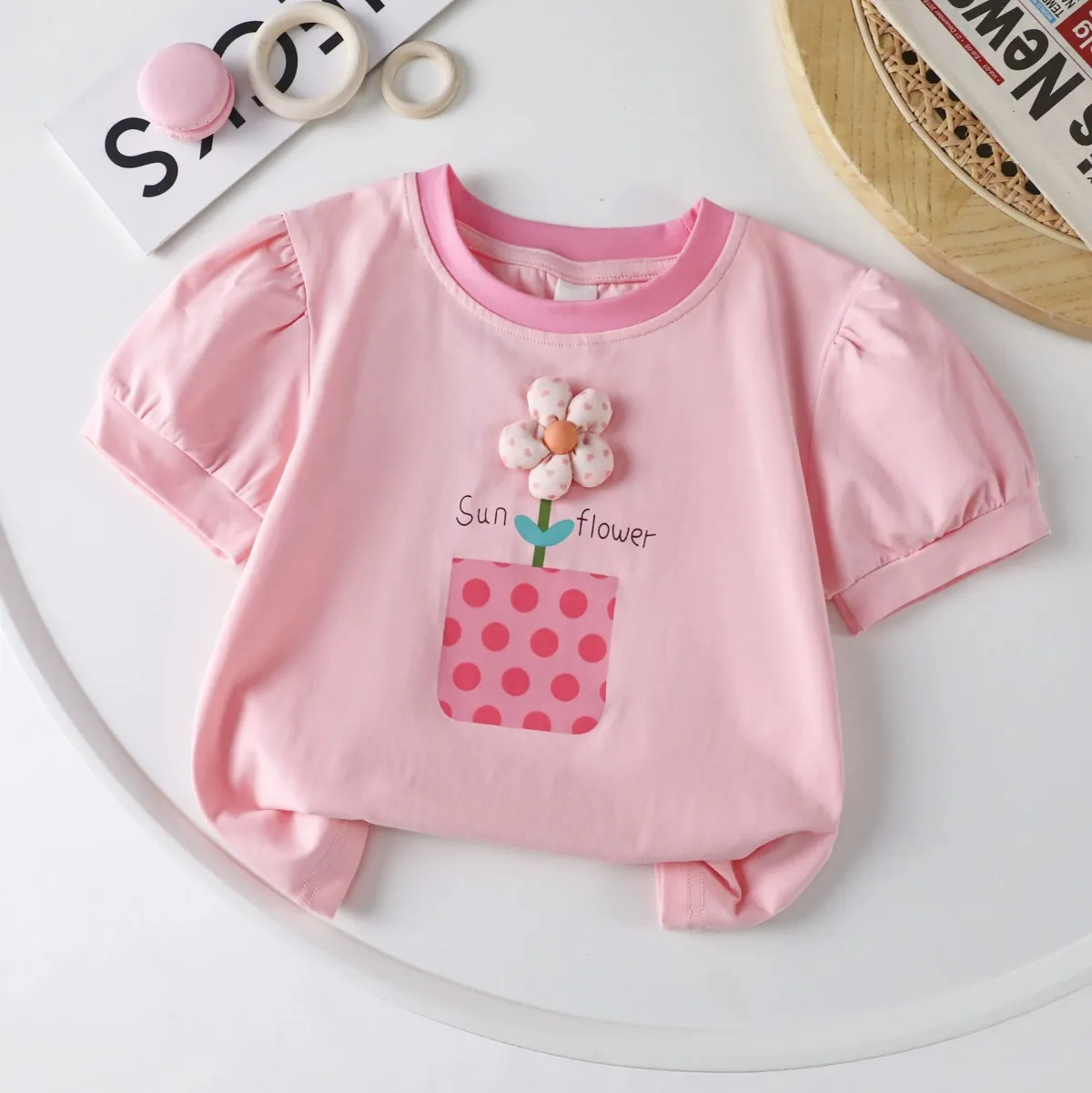 Kids Toddler Girls Casual Sweet Floral Puff Sleeve Crewneck T-Shirt