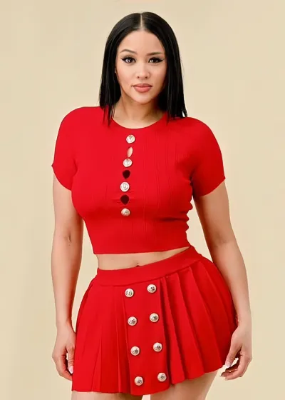 Women Fashion Casual Sexy Hollow Button Knitted Short-Sleeved Skirt Set