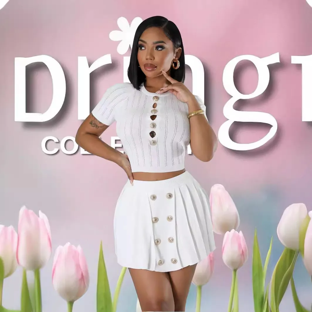 Women Fashion Casual Sexy Hollow Button Knitted Short-Sleeved Skirt Set