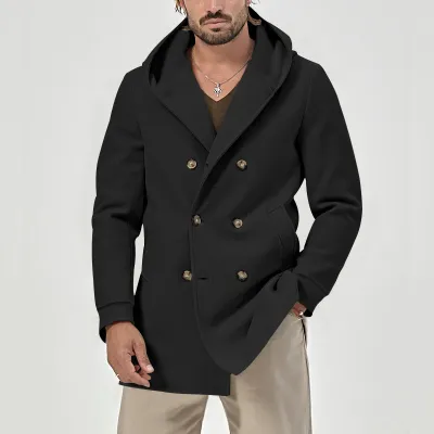Men Fall Winter Fashion Casual Solid Color Long Sleeve Hooded Coat