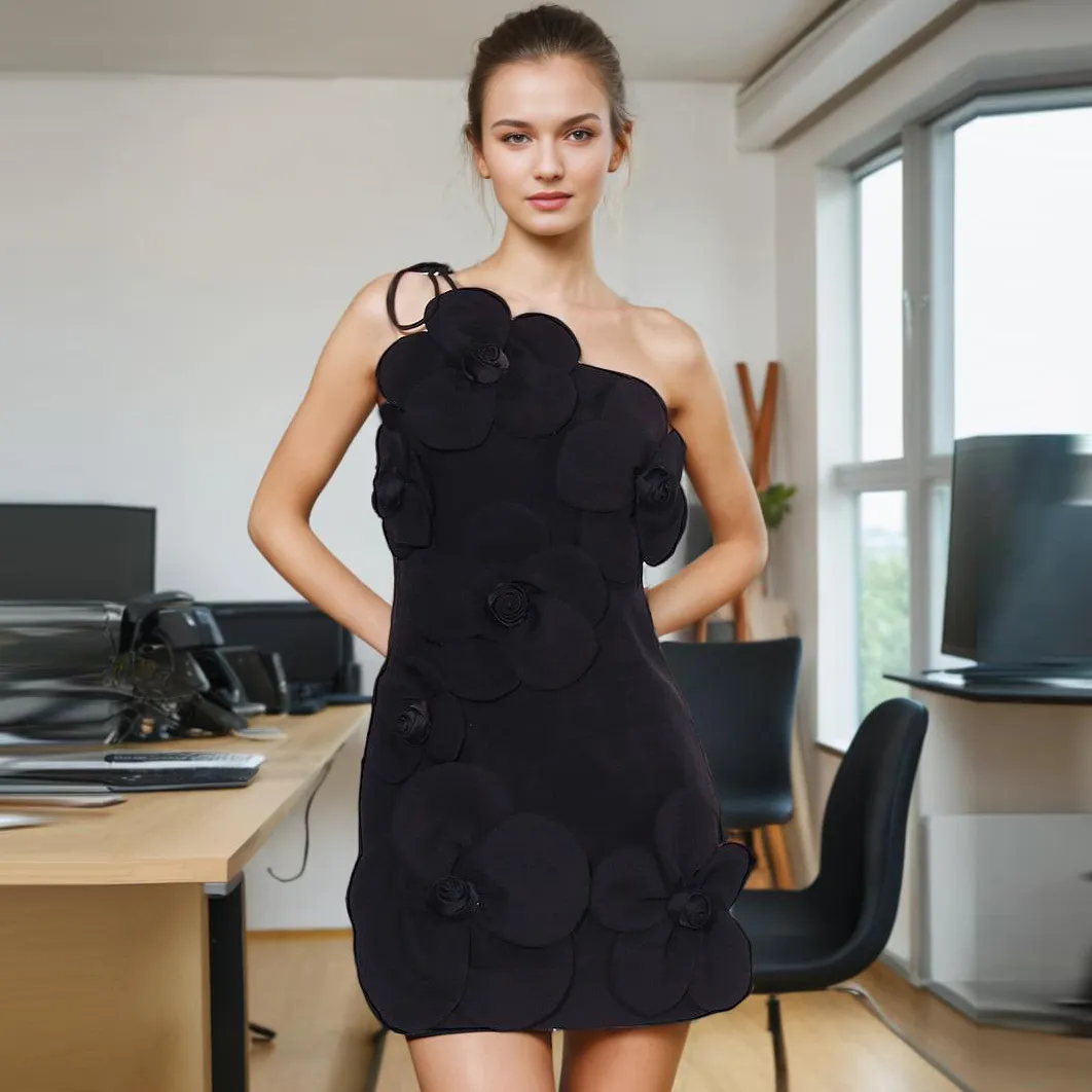 Women Sexy Floral Oblique Shoulder Party Dress
