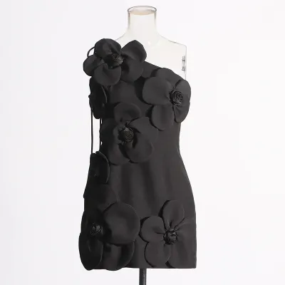 Women Sexy Floral Oblique Shoulder Party Dress
