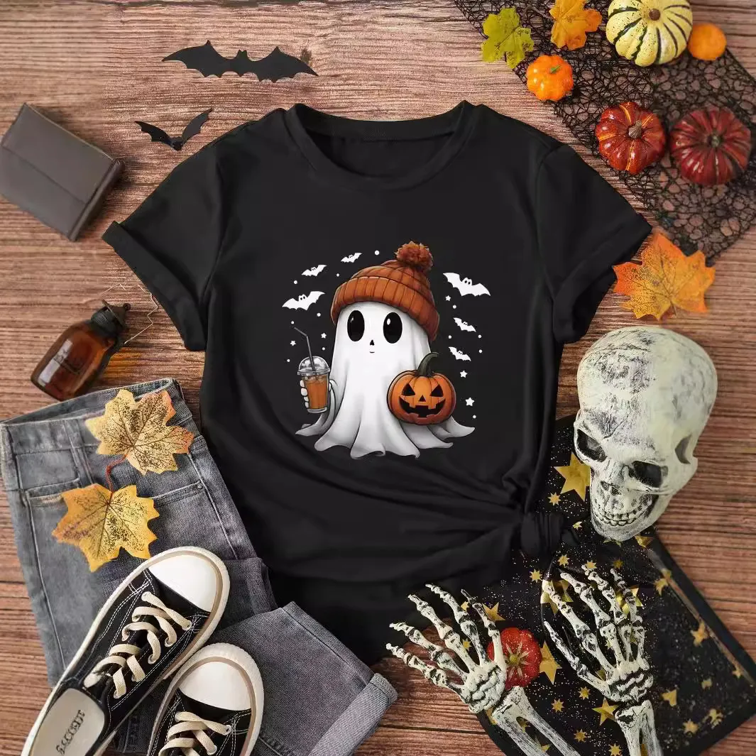 Crewneck Short-Sleeved Halloween Pumpkin Printed Loose Casual T-Shirt