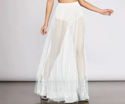 Women Fashion Sexy High Waist Gauze Sequin Perspective Lace Pleated Skirt