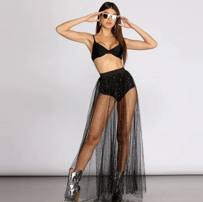 Women Fashion Sexy High Waist Gauze Sequin Perspective Lace Pleated Skirt