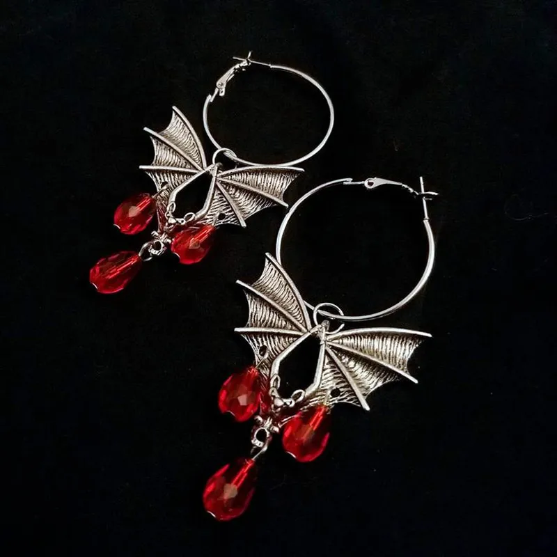 Halloween Gothic Red Vampire Bat Glass Crystal Hoop Earrings Unisex Alloy
