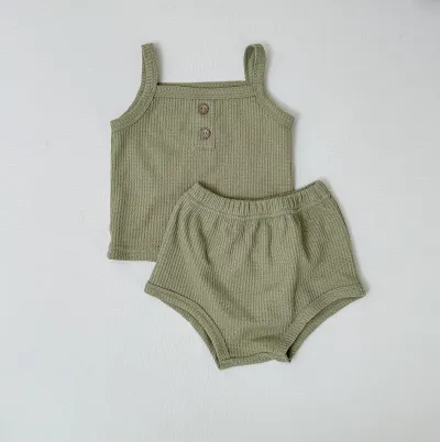 Kids Baby Boys Girls Casual Waffle Solid Color Sleeveless Camisole Shorts Sets