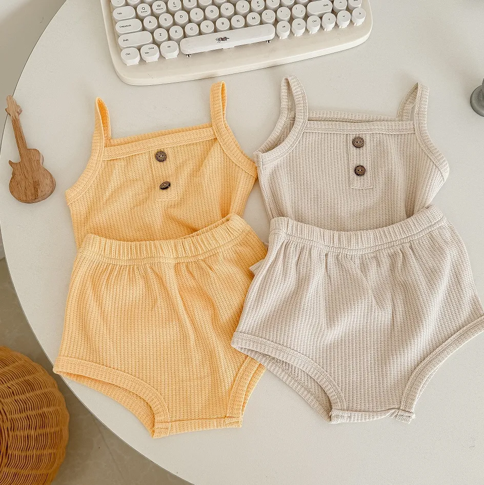 Kids Baby Boys Girls Casual Waffle Solid Color Sleeveless Camisole Shorts Sets