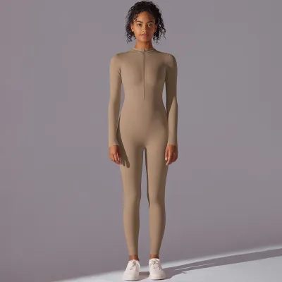 Women's High Elastic Cotton Blend Running Fitness Jumpsuit - Long Sleeve Tight Fit Solid Color