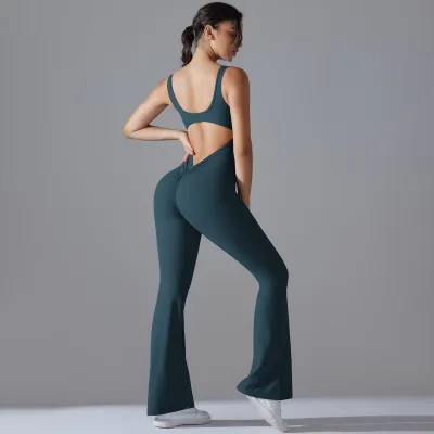 Women Solid Color Backless Hip Exercise Fitness Yoga Jumpsuits