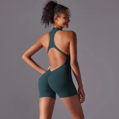 Women Simple Solid Color Sleeveless Zipper Tight Backless Sports Yoga Rompers