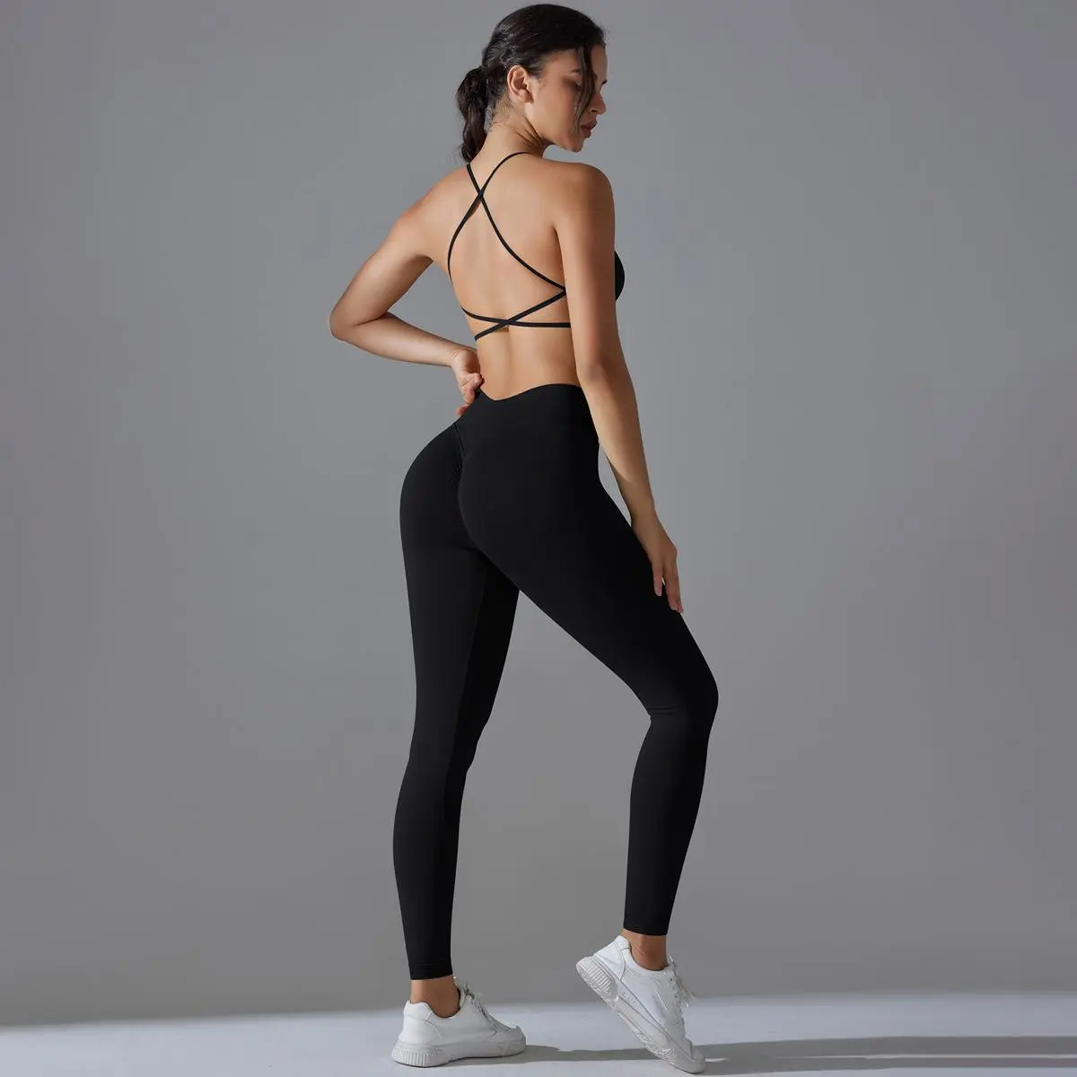 Women Cross Backless Sports Bra and Leg-Bundled Pants Two-Piece Set - Solid Color