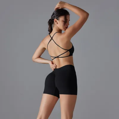 Women Casual Cross Backless High Elastic Yoga Top Shorts Two-Piece Set