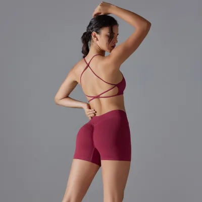 Women Casual Cross Backless High Elastic Yoga Top Shorts Two-Piece Set