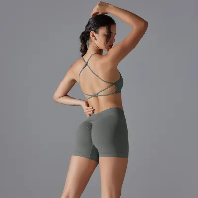 Women Casual Cross Backless High Elastic Yoga Top Shorts Two-Piece Set