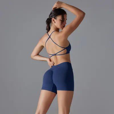 Women Casual Cross Backless High Elastic Yoga Top Shorts Two-Piece Set