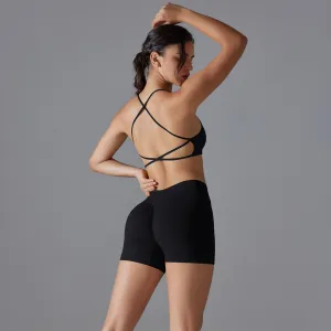 Women Casual Cross Backless High Elastic Yoga Top Shorts Two-Piece Set