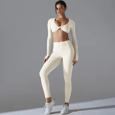Women Fashion Sports Fitness Long Sleeve Top Yoga Pants Two-Piece Set