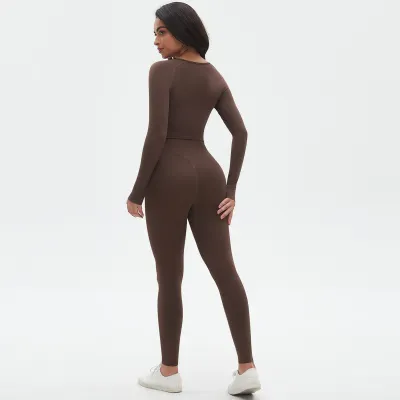 Women Simple Solid Color Long-Sleeved Tight Sports Fitness Yoga Top Leg-Bundled Pants Two-Piece Set