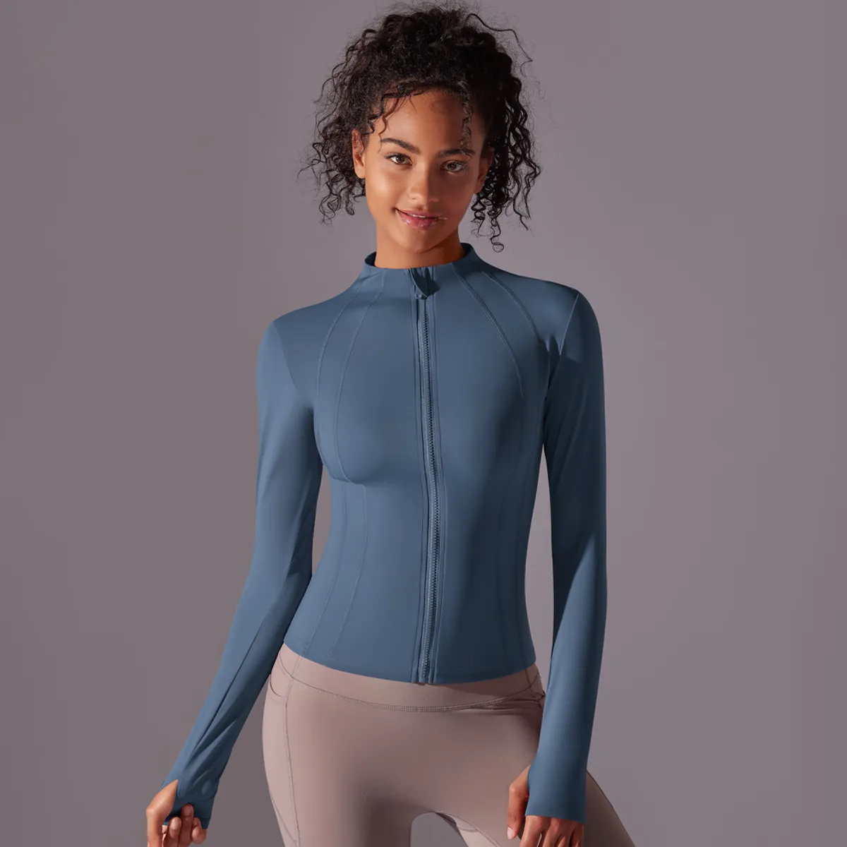 Women Solid Color Tight Collar Zipper Long Sleeve Yoga Jacket