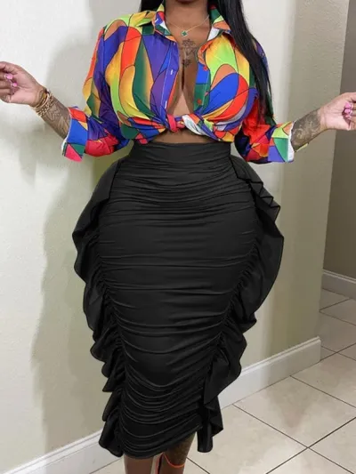 Women Casual Solid Color Skinny Ruffle Skirt - Street Hipster Style
