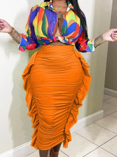 Women Casual Solid Color Skinny Ruffle Skirt - Street Hipster Style