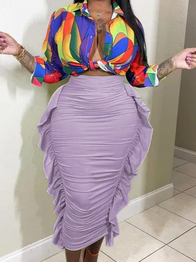 Women Casual Solid Color Skinny Ruffle Skirt - Street Hipster Style