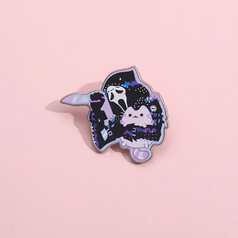 Cartoon Ghost Holding Kitten Brooch Creative Halloween Devil Cute Animal Metal Badge