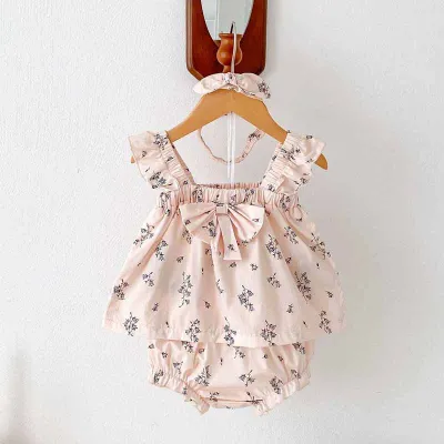 Kids Baby Girls Casual Cute Tiny Flower Print Sleeveless Strap Dress Shorts Sets Pullover Cotton Pants Set 0-3T