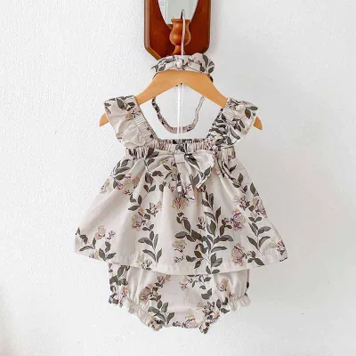 Kids Baby Girls Casual Cute Tiny Flower Print Sleeveless Strap Dress Shorts Sets Pullover Cotton Pants Set 0-3T