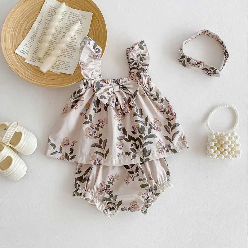 Kids Baby Girls Casual Cute Tiny Flower Print Sleeveless Strap Dress Shorts Sets Pullover Cotton Pants Set 0-3T