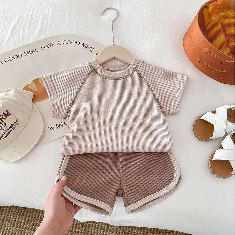 Kids Baby Boys Girls Casual Cute Short Sleeve Cotton Solid Color Pullover Top Shorts Sets Two-Piece Set Neutral