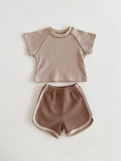 Kids Baby Boys Girls Casual Cute Short Sleeve Cotton Solid Color Pullover Top Shorts Sets Two-Piece Set Neutral