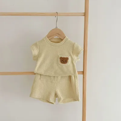 Kids Baby Boys Girls Casual Cute Cartoon Bear Striped Short Sleeve Top and Shorts Sets