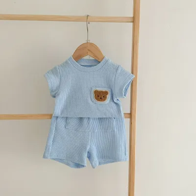 Kids Baby Boys Girls Casual Cute Cartoon Bear Striped Short Sleeve Top and Shorts Sets