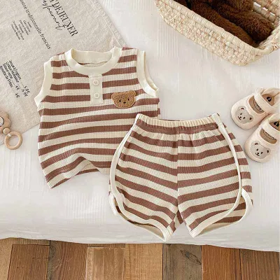 Kids Baby Boys Girls Casual Cute Striped Sleeveless Top Shorts Sets 2-Piece