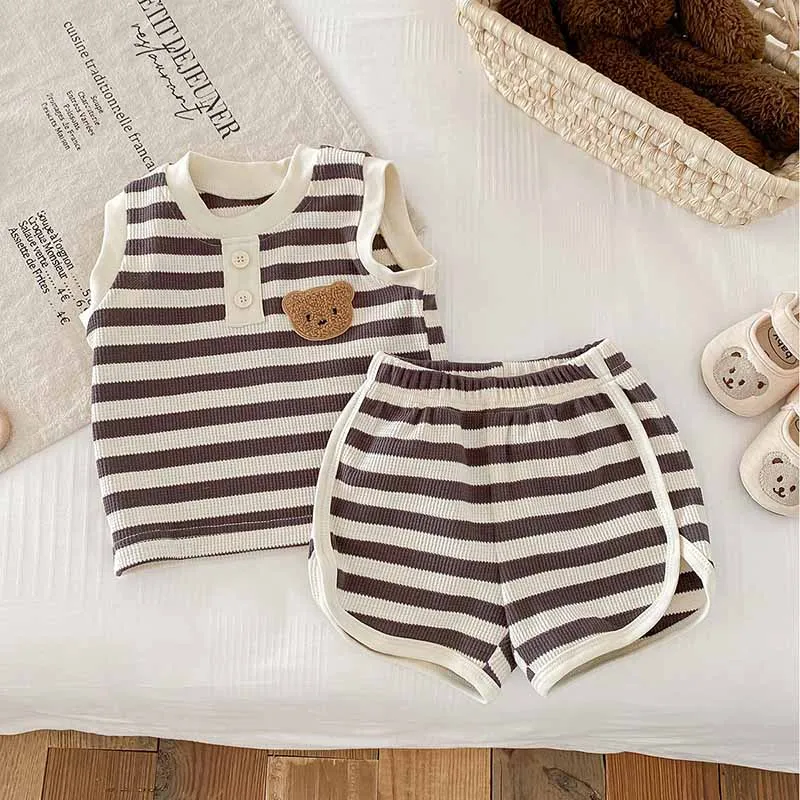 Kids Baby Boys Girls Casual Cute Striped Sleeveless Top Shorts Sets 2-Piece