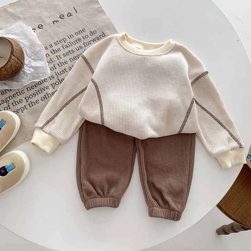 Kids Baby Boys Girls Casual Cute Waffle Stripe Long Sleeve T-Shirt Pants Sets