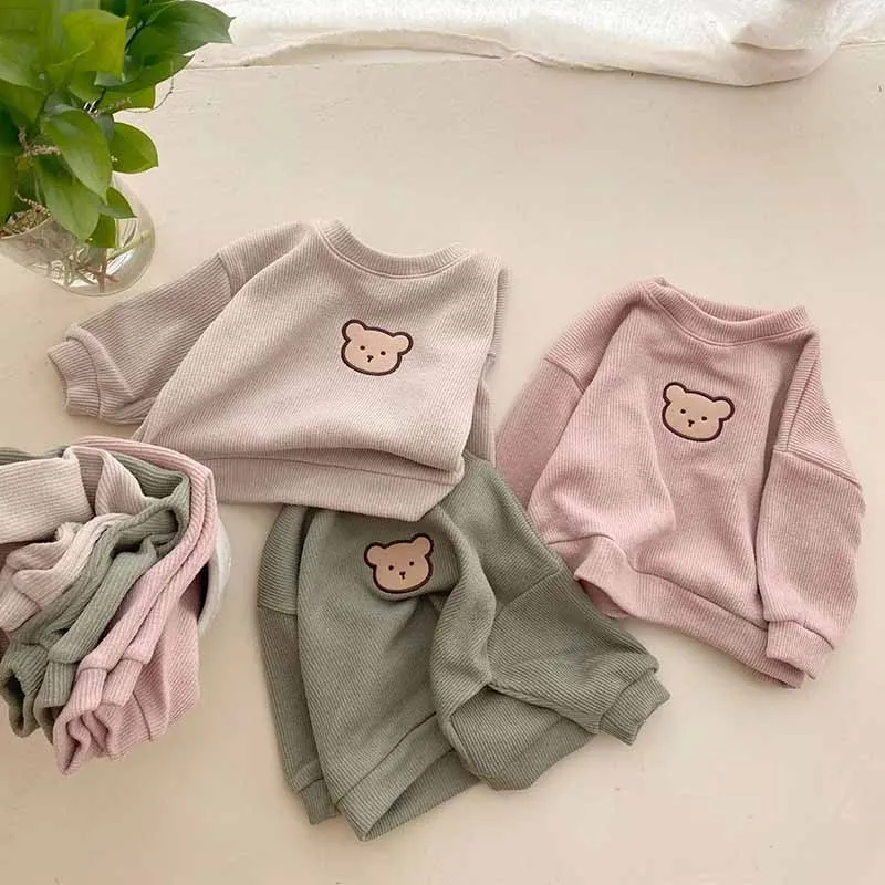 Kids Baby Boys Girls Cute Cartoon Bear Long Sleeve Sweatshirts Pants Sets Unisex Pullover Two-Piece