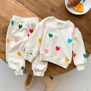 Kids Baby Boys Girls Casual Cute Heart Print Long Sleeve Sweatshirts Pants Sets