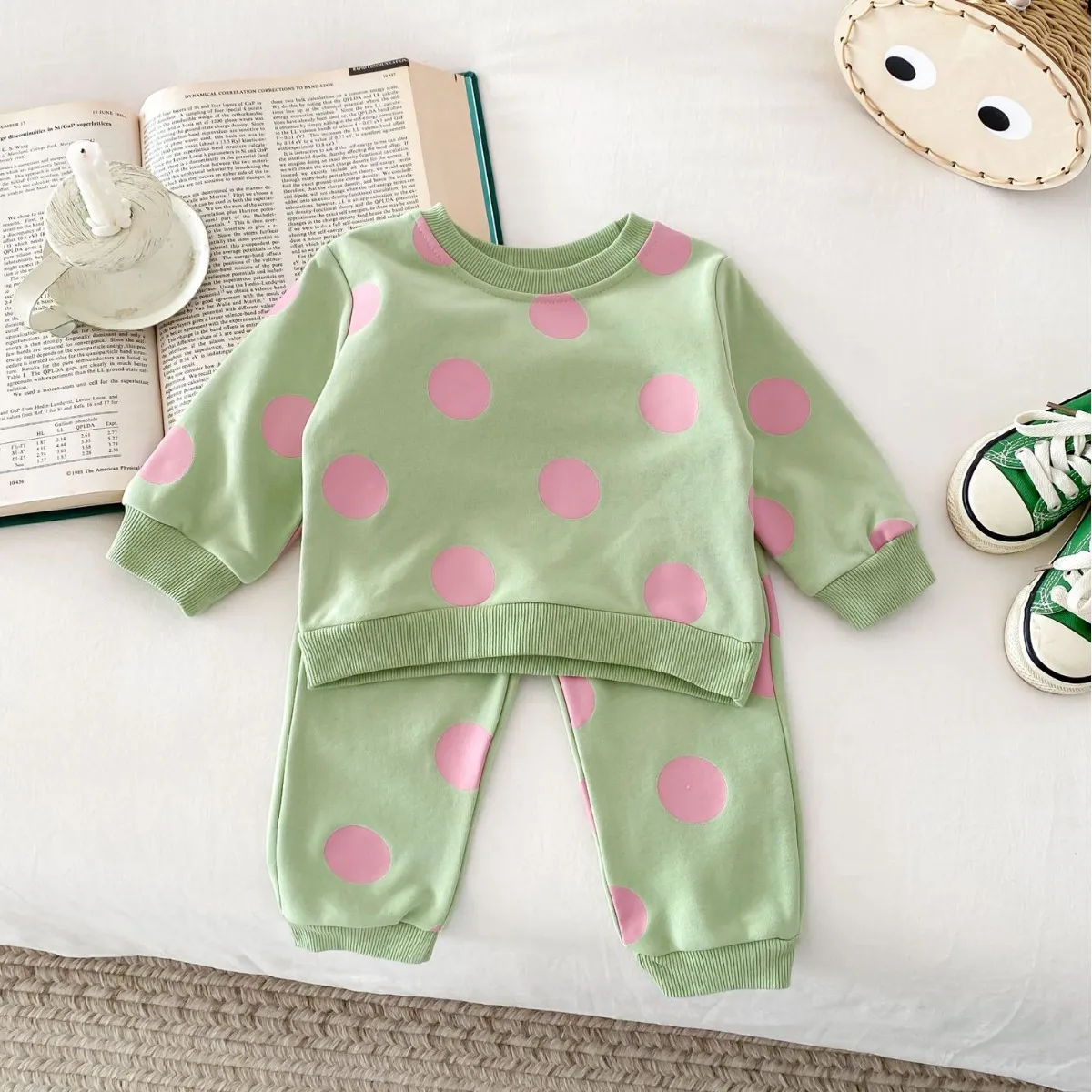 Kids Baby Boys Girls Casual Cute Polka Dot Print Long Sleeve Sweatshirts Pants Set