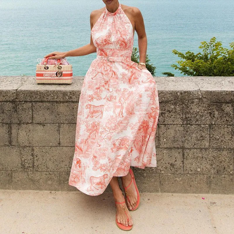Summer Women Fashion Sexy Floral Printed Sleeveless Backless Dress
