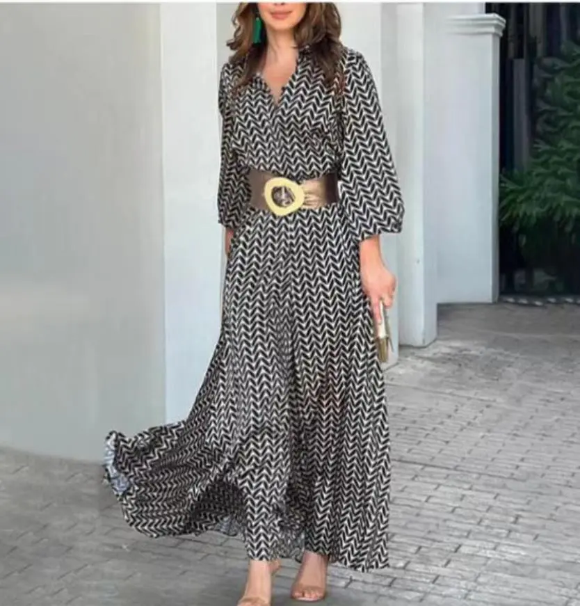 Women Casual Geometric Print V-Neck Long Sleeve Maxi Dress