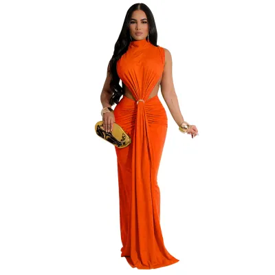 Women Sexy Solid Color Hollow Side Swing Tight Maxi Dress